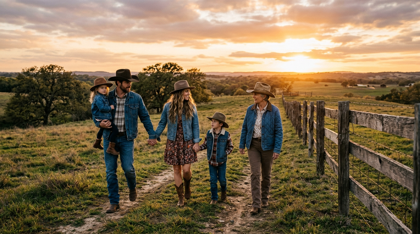 Family walking together on a ranch at sunset